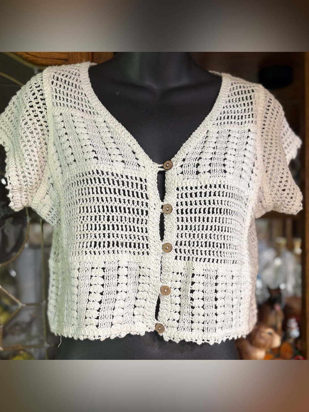 Rebellion Cream Crocheted Short-Sleeve Button Cardigan